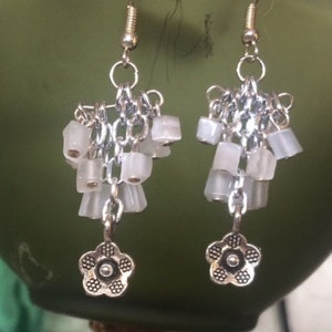 Light Gray and Silver Flower Dandle Earrings; Flower Drop Earrings; Flower Chandelier Earrings; Statement Earrings; Silver Flower Earrings