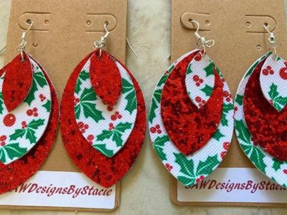 Leather Holly Earrings; Holly Berry; Christmas Earrings; Red Glitter; Red Earrings; Leather Earrings; Christmas Jewelry; Layered Leather