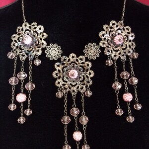 Crystal Bib Necklace; Pale Pink and Antique Silver Flower Bib Necklace; Crystal Flower Statement Necklace;  Filigree Flower Bib Necklace