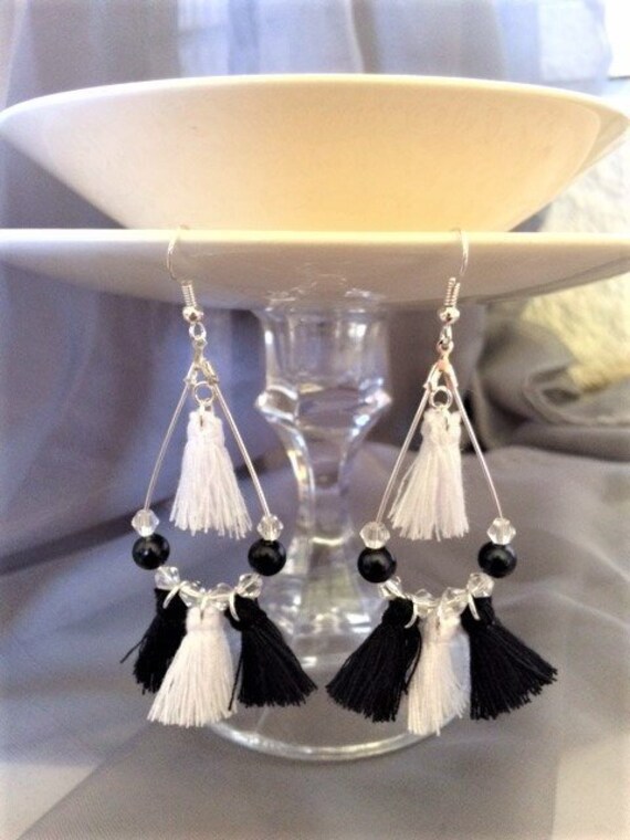 Black and white tassel earrings deals