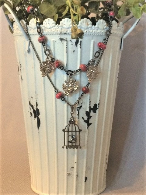 Pink Jasper and Silver Owl Double Strand Necklace with Black/Antique Silver Chain; Owl Necklace; Owl