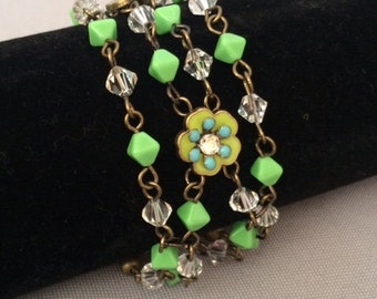 Green and Clear Swarovski Crystal and Flower Multi-Strand Beaded Bracelet; Crystal Bracelet; Flower Bracelet; Jewelry Gift; Statement