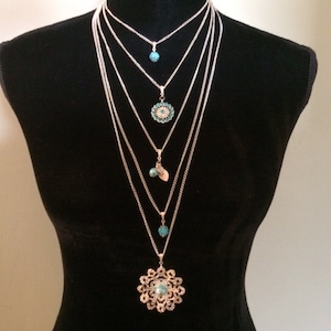 Long Turquoise Multi Strand Necklace; 5 Strand Necklace; Flower Necklace; Long Necklace; Silver Statement Necklace; Long Layered Necklace