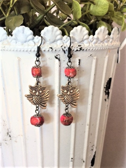 Pink and Antique Silver Owl Dangle Earrings; Pink and Black Owl Drop Earrings; Owl Dangle Earrings;