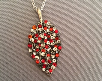 Red, Black, and Crystal Rhinestone Silver Leaf Necklace; Rhinestone Necklace; Leaf Pendant Necklace; Rhinestone Necklace; Crystal Necklace