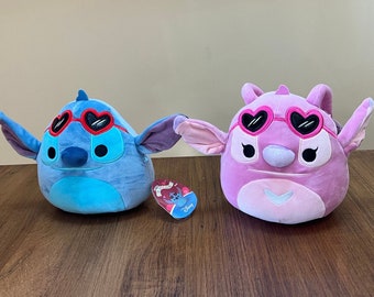 Squishmallow Pink Angel and 8” Blue Stitch Heart Sunglasses from Disney’s Lilo and Stitch Movie Nwt Plush  Custom Bundle Set