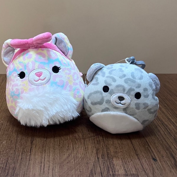 NWT Squishmallow 5” Michaela Cheetah Headband Hair Wrap and New Kellytoy Bag Backpack Clip on Dohna Snow Leopard Cat Custom Bundle Set