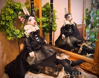 Handmade Halloween Rabbit Art Doll: Collectible Polymer Clay Doll