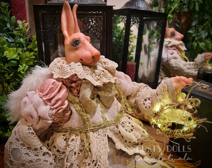 Christmas Rabbit - White Rabbit - Art Doll - Wonderland Doll - Angel Wings - Wonderland - Hand Sculpted Doll - OOAK Doll - Rabbit Art Doll