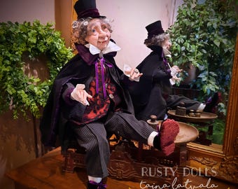 Handmade Dracula Art Doll: Collectible Vampire Doll with Wool Hair