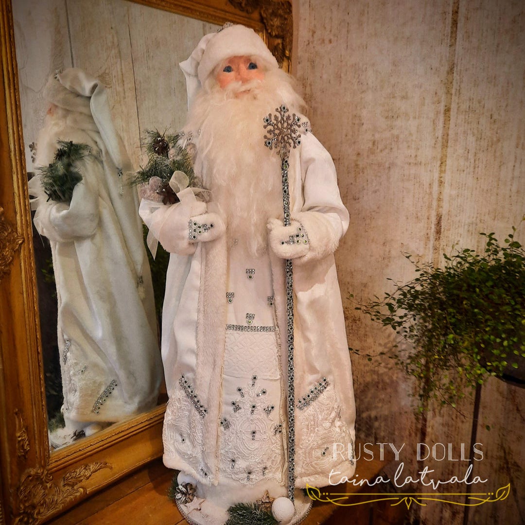 santa dressed in white Bethany Lowe Winter Icicle adorable and attractive Windy Hill Collection 16" Inch