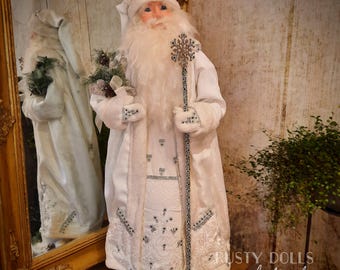 Handmade White Santa Art Doll, Father Christmas, Winter Decor