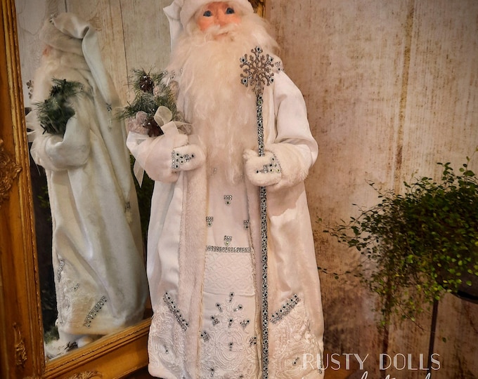 Handmade White Santa Art Doll, Father Christmas, Winter Decor