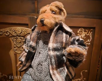 Handmade Felted Irish Terrier Art Doll: Fisherman Dog with Knitted Sweater