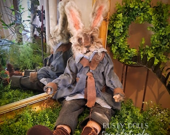 March Hare - Art Doll - Wonderland Doll -  Rabbit Doll - Wonderland - Handmade Doll - OOAK Doll - Rabbit Art Doll - Hare Doll - White Rabbit