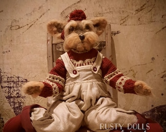 Handmade Merino Wool Yorkie Art Doll: Knitted Sweater & Overalls