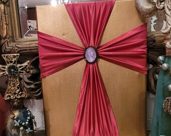 Handmade Fuchsia Satin Cross on Gold Canvas: Shabby Chic Easter Decor (11x14)