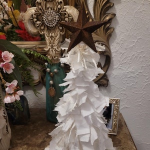 Handmade Rag Christmas Tree: Rustic White Decor with Rusty Star