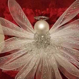 Deco Mesh Angel Tree Topper Ornament Silver Wreath Elegant Wreath Christmas Decor Holiday Decor cemetery decor Angels White Christmas