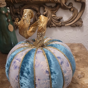 Teal Velvet Pumpkin: Handmade Floral Fall Decor, Glitter Stem