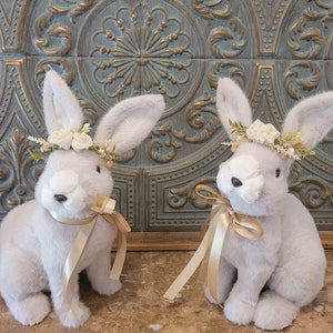 Furry Easter Bunny Decor: Grey & White Bunny with Rose Crown