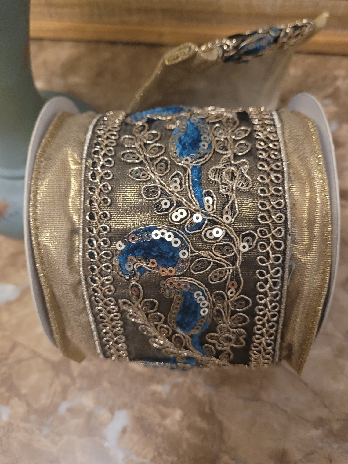 4 Inch Ribbon Teal Gold Ribbon Embroidered Ribbon Jeweled Etsy