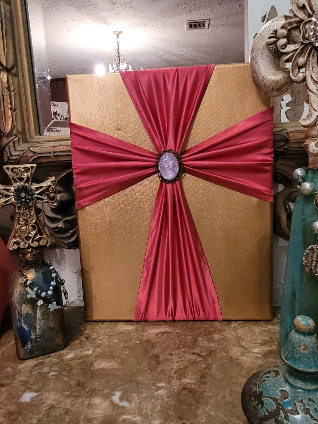 Handmade Fuchsia Satin Cross on Gold Canvas: Shabby Chic Easter Decor ...