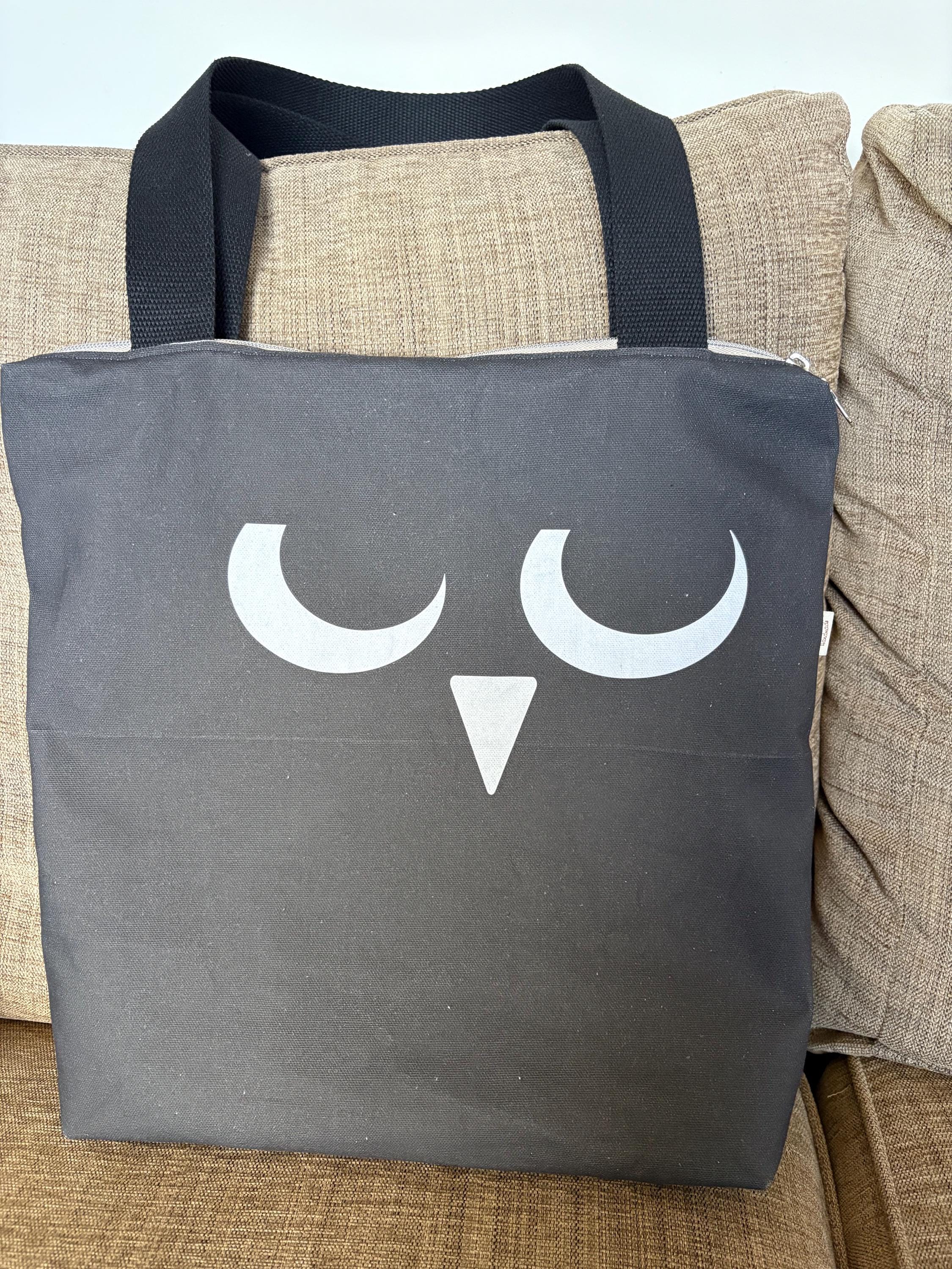 Handmade Black Canvas Tote Bag: Angry Owl, Zippered, with Pockets