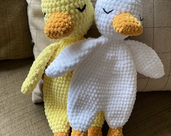 Handmade Crochet Sleepy Duck Plush: Baby Snuggler Comforter