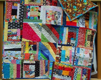 Scrappy Baby Quilt: Colorful Cotton Fabrics, Fun Monster Backing (35" x 43") Handmade Heirloom