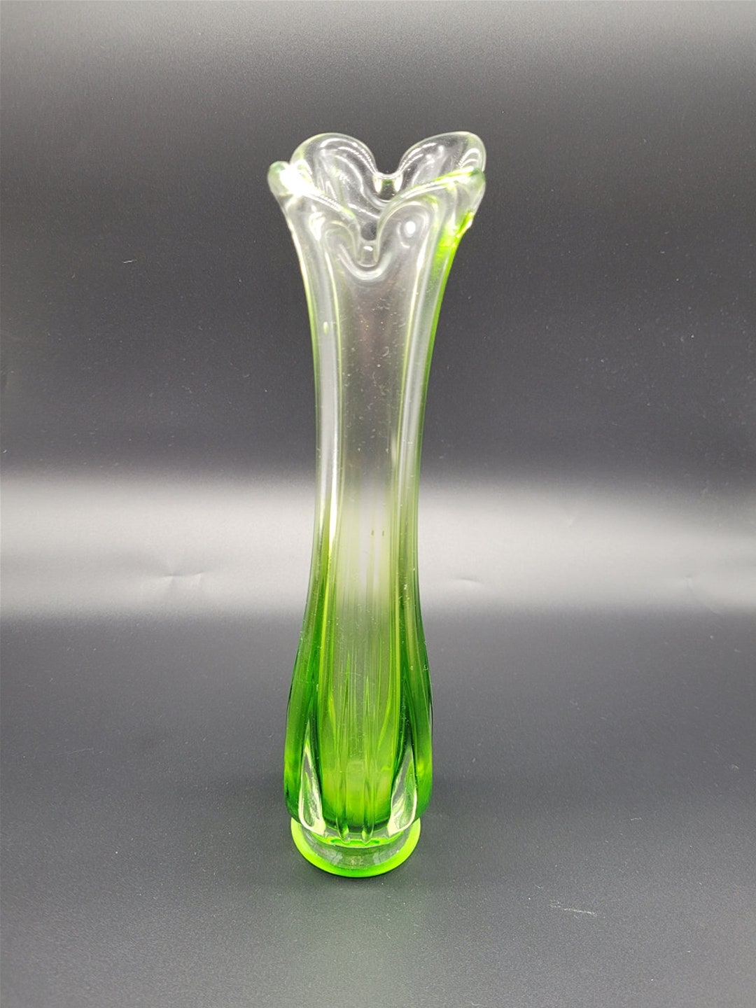 Vintage Green Ombre Fluted Art Glass Vase Etsy