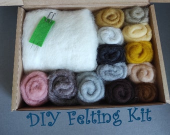 Peut inclure: Un kit de feutrage DIY dans une boîte en carton. Le kit comprend un grand morceau de laine blanche, 12 petits rouleaux de laine de différentes couleurs, deux aiguilles à feutrer et un tampon en feutre vert. La boîte est étiquetée "Kit de feutrage DIY".