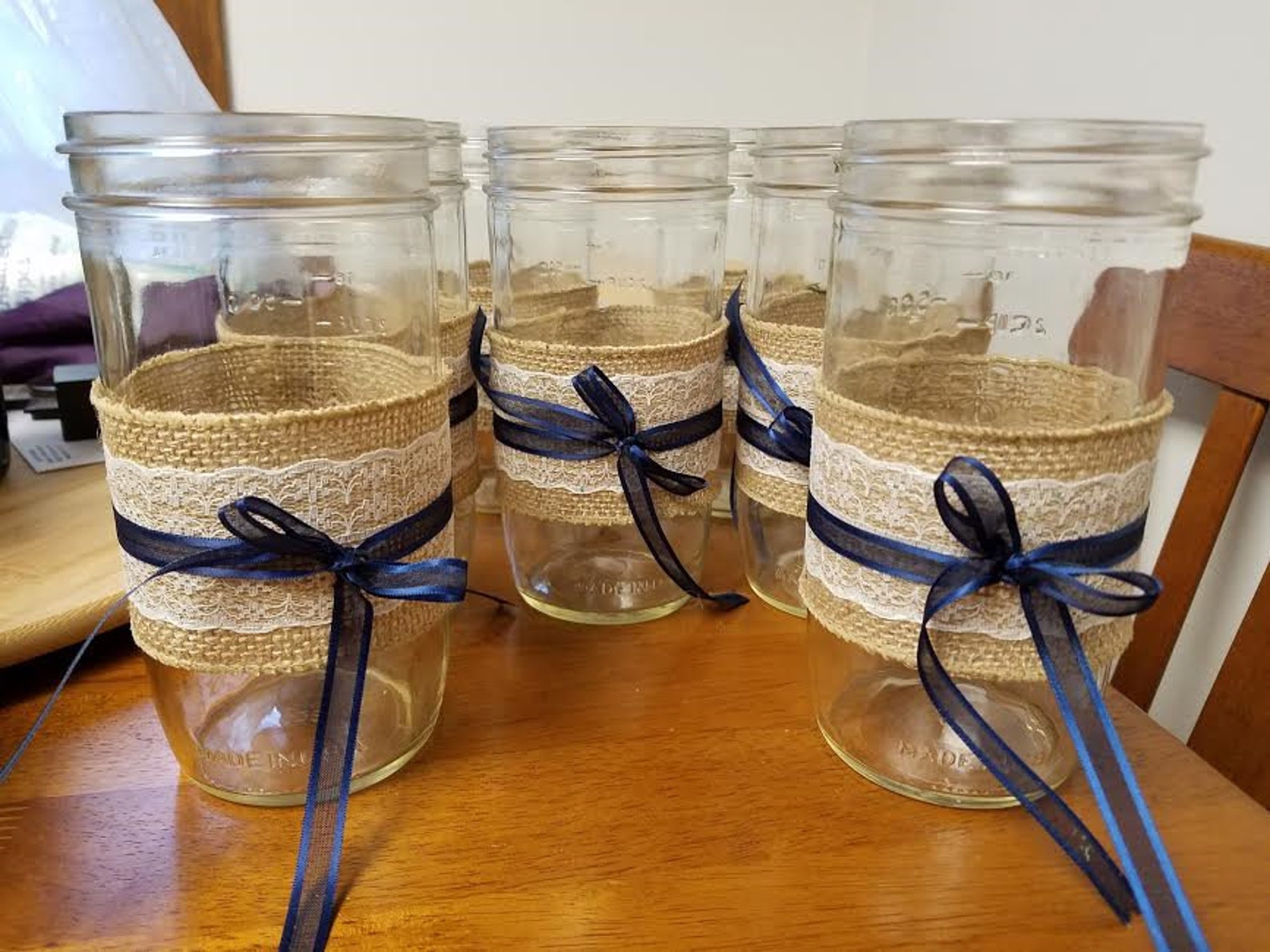 Rustic Mason Jars With Burlap and Lace With a Navy Blue Ribbon Etsy