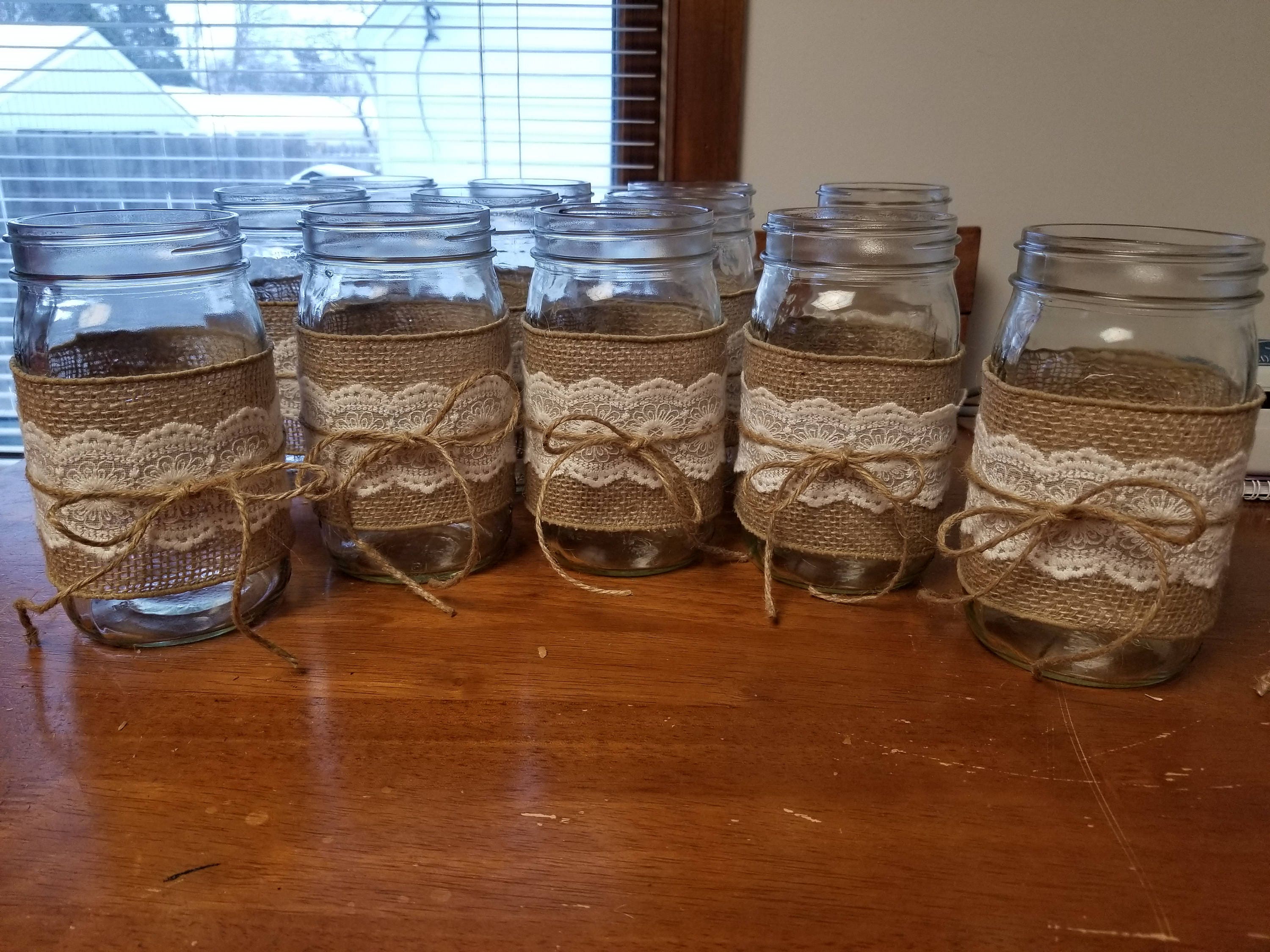 Burlap and Lace Rustic Mason Jar With Twine Ribbon Burlap Etsy