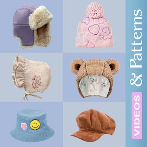 May include: Five different hats in a collage. A purple and brown faux fur trapper hat, a pink fuzzy hat with hearts, a brown teddy bear hat, a light blue bucket hat with a smiley face and a brown corduroy newsboy cap.