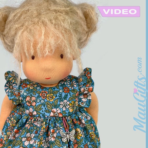 Waldorf doll dress Pattern ~ Ruffled Sleeves Dress for Waldorf doll | VIDEO Tutorial and Sewing Patterns PDF for 12" & 15" Waldorf Doll.