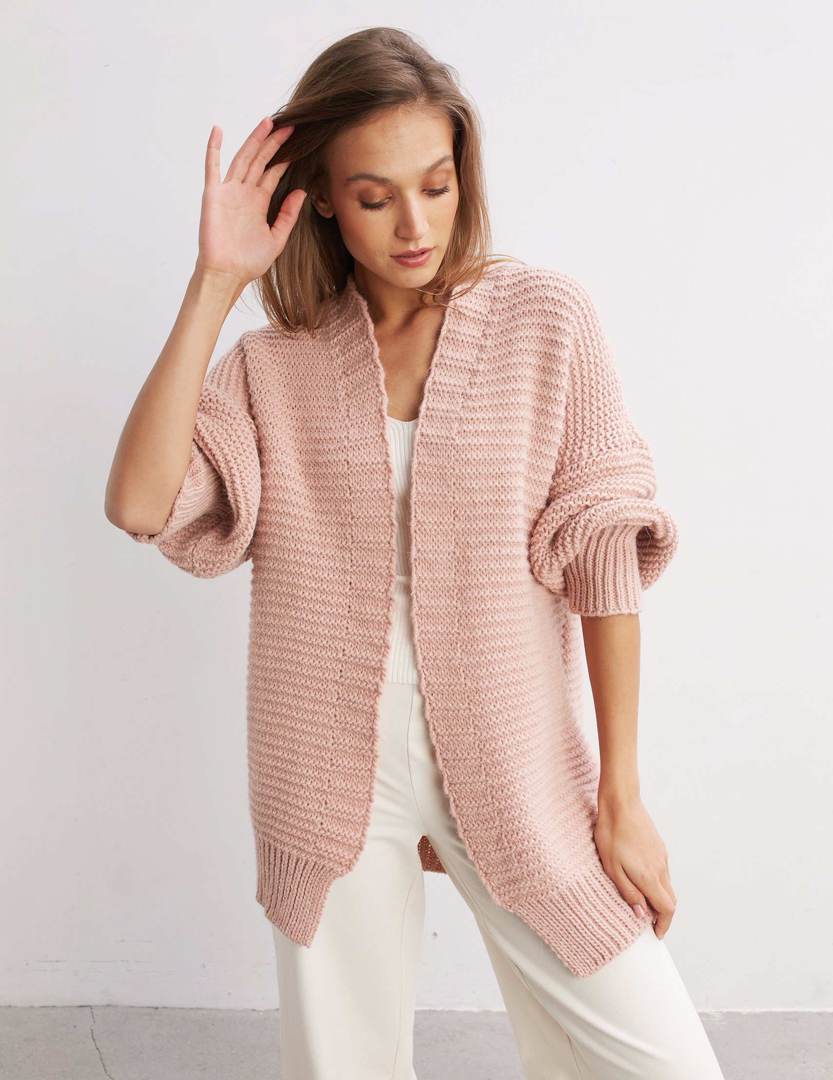 PINK CARDIGAN/chunky knit long cardigan in pale pink/wool Etsy