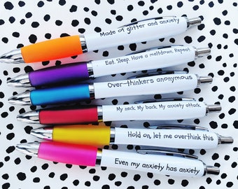 Anxiety worry gift, stress pens, funny anxiety gifts, supporting mental health, positivity, home office stationery, personalised stationery