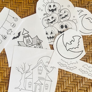 May include: A set of black and white Halloween coloring pages featuring a haunted house, a spooky tree, bats, a crescent moon, and pumpkins with jack-o'-lantern faces.