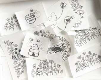 Floral Stick and Stitch Embroidery Patterns, Stick and Stitch kit, Floral Boarder Embroidery Stick and Stitch, Embroidery Transfers Bee