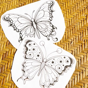 May include: Two black and white butterfly illustrations on white paper. The butterflies have intricate wing patterns and are shown in a side view.