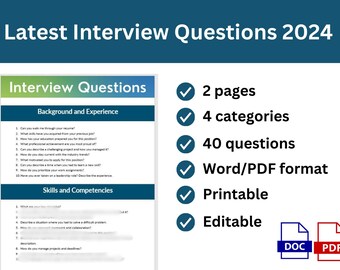 May include: A blue and white checklist with a green title bar that reads "Interview Questions". The checklist includes a section titled "Background and Experience" and another section titled "Skills and Competencies". The checklist also includes a list of features: 2 pages, 4 categories, 40 questions, Word/PDF format, Printable, Editable. The checklist is available in DOC and PDF formats.