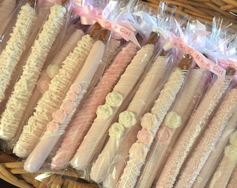 Pink/White Chocolate Covered Pretzel Rods(1 DOZ)/Baby Shower/Girl's Shower/Baby/Sweet 16/Girl's Birthday/Bridal Showers