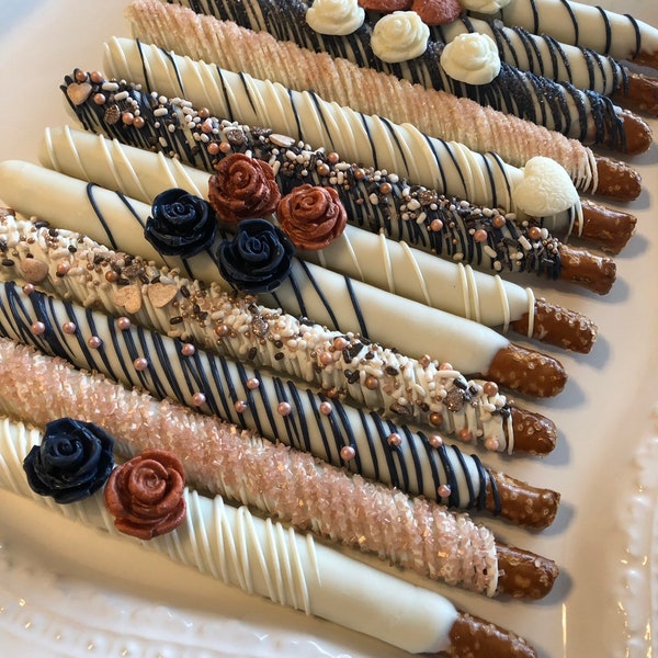 Rose Gold/Navy Chocolate Covered Pretzel Rods (1Doz)/Bridal Shower/Wedding/Sweet 16/Baby Shower/Treats/Birthday Parties