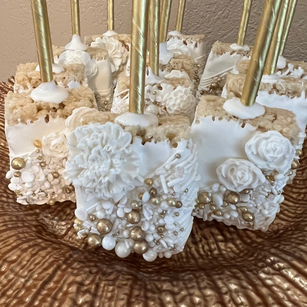 Gold/White Chocolate Covered Rice Krispies Treats(1 DOZ)/Wedding/Bridal Shower/Anniversary/Sweet 16/Birthday Parties