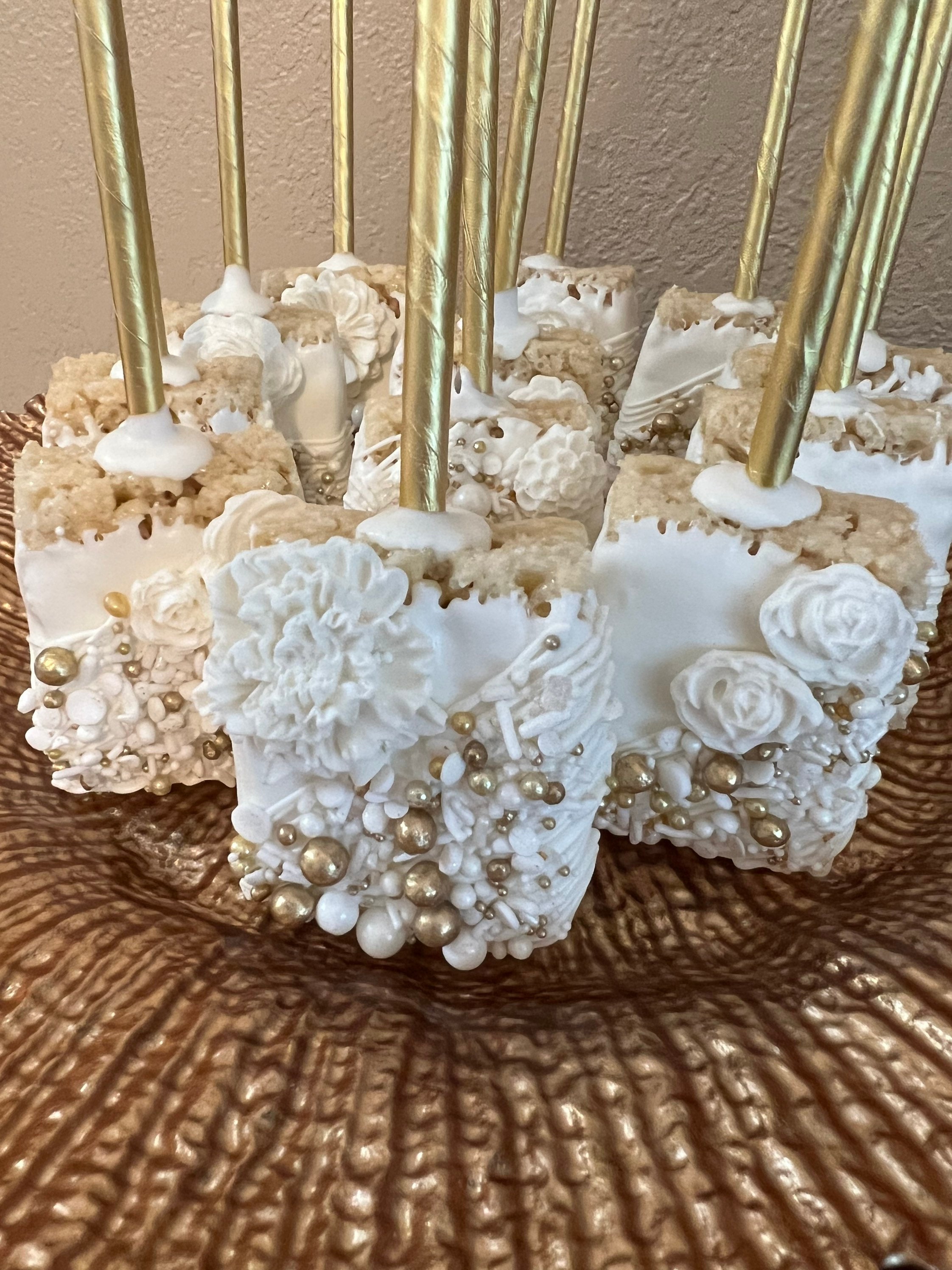 Gold/White Chocolate Covered Rice Krispies Treats(1 DOZ)/Wedding/Bridal Shower/Anniversary/Sweet 16/Birthday Parties