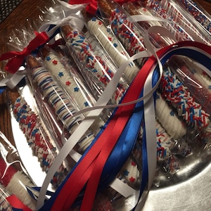 Labor Day/4th of July Chocolate Covered Pretzels(1 DOZ)/Party Favors/July Birthdays/Red White & Blue/Labor Day