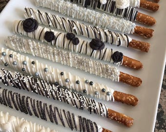 Black/White/Silver Wedding Chocolate Covered Pretzel Rods(1 DOZ)/Bridal Shower/Wedding Treats/Thank You gift