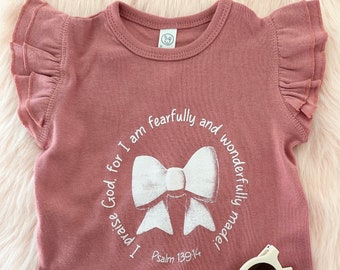 Bodysuit or shirt, Psalm 139, wonderfully made, ribbon bow, Christian tee for girls, bodysuit for babies, baby gift, gift for girls,coquette