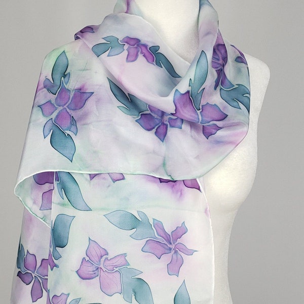 Purple, Blue and Green Hand Painted Silk Scarf